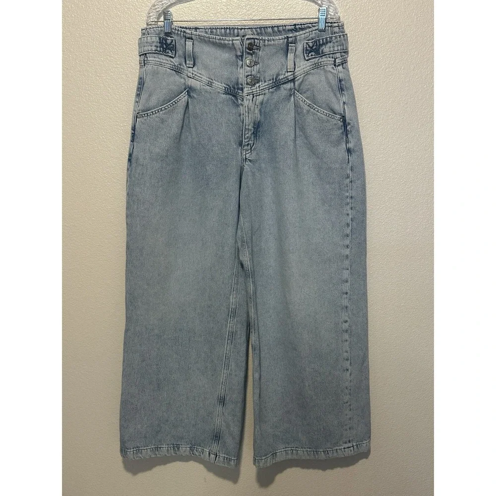 We The Free Free People Super Sweeper Wide Leg Jeans Light Wash Blue Denim Large